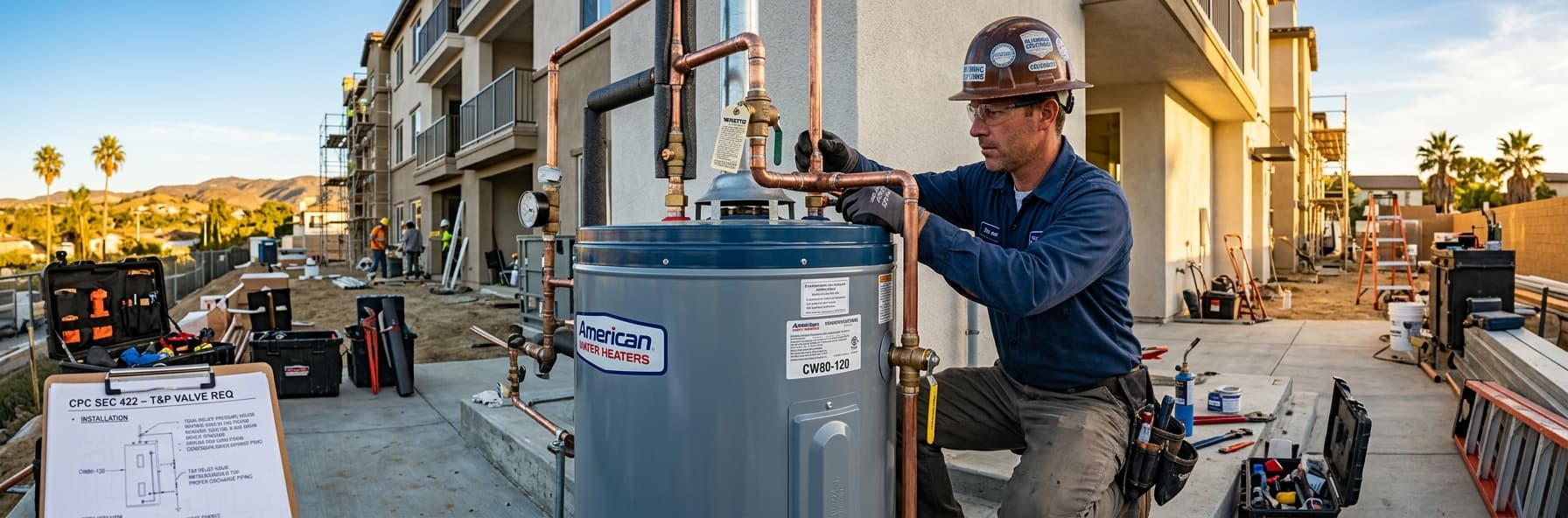 Pressure Vessel Water Heater Installation and Temperature/Pressure Relief Valve Requirements Under CPC Section 422 — featured header image for C-36 exam study guide